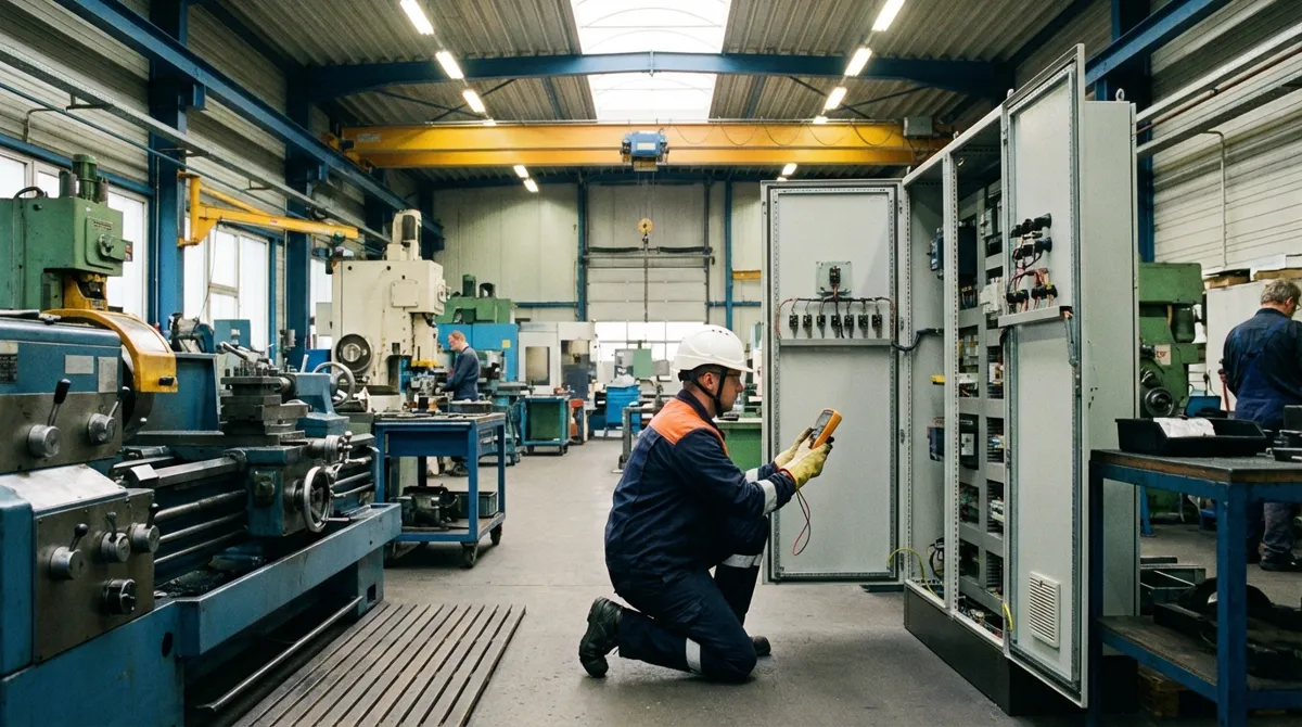 Sicherheitsprüfung eines Schaltschranks in einer Industriehalle in Ahaus
