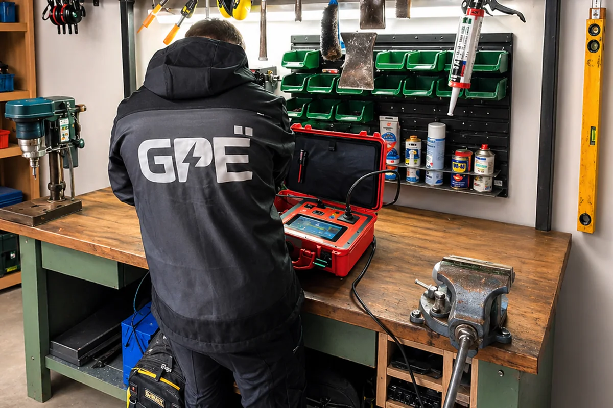 Mitarbeiter in GPE-Jacke an der Werkbank beim Konfigurieren eines Benning Installationstesters