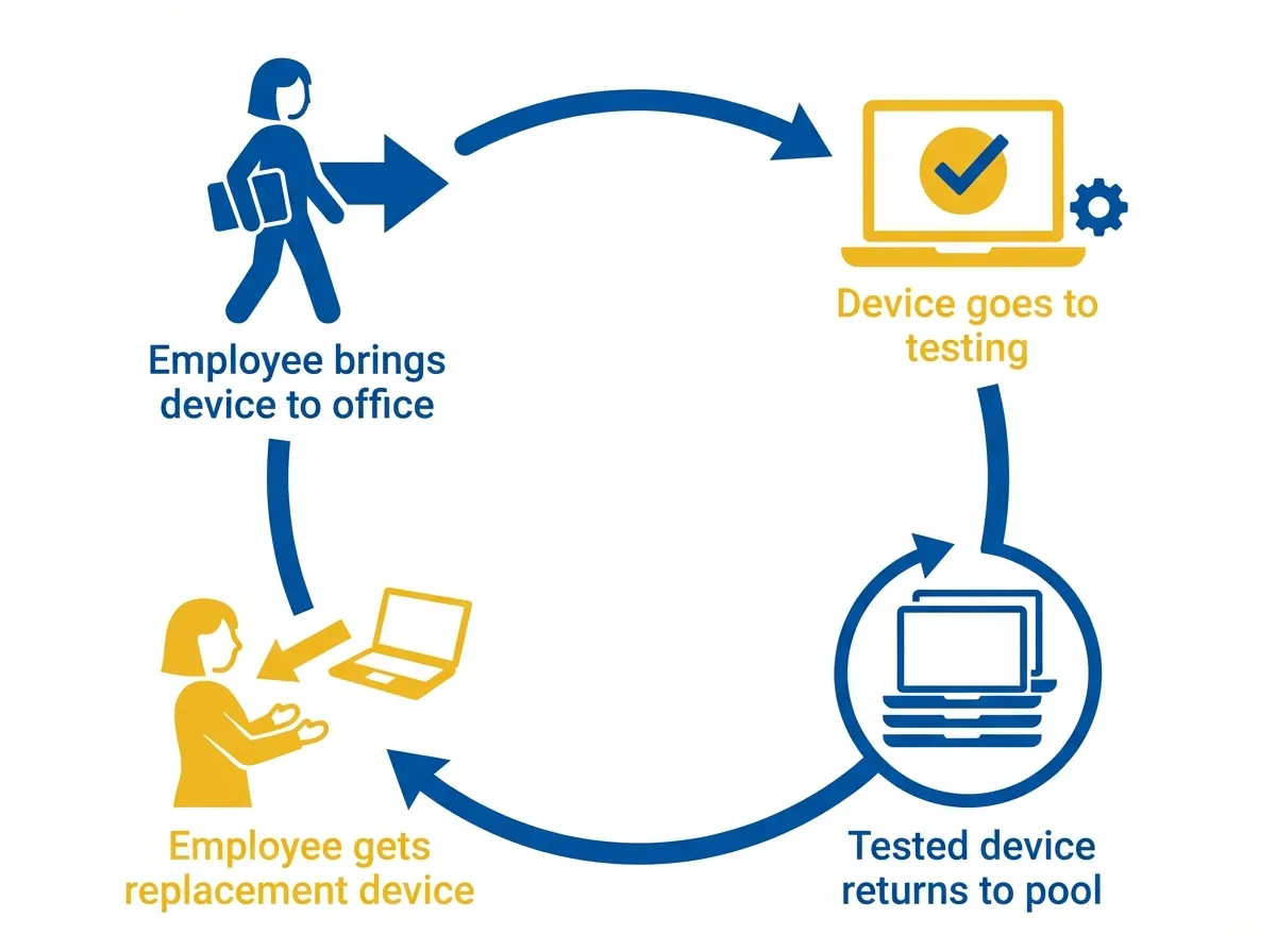 Infografik: Pool-Tausch-System für die DGUV V3 Prüfung von Home-Office Geräten in vier Schritten
