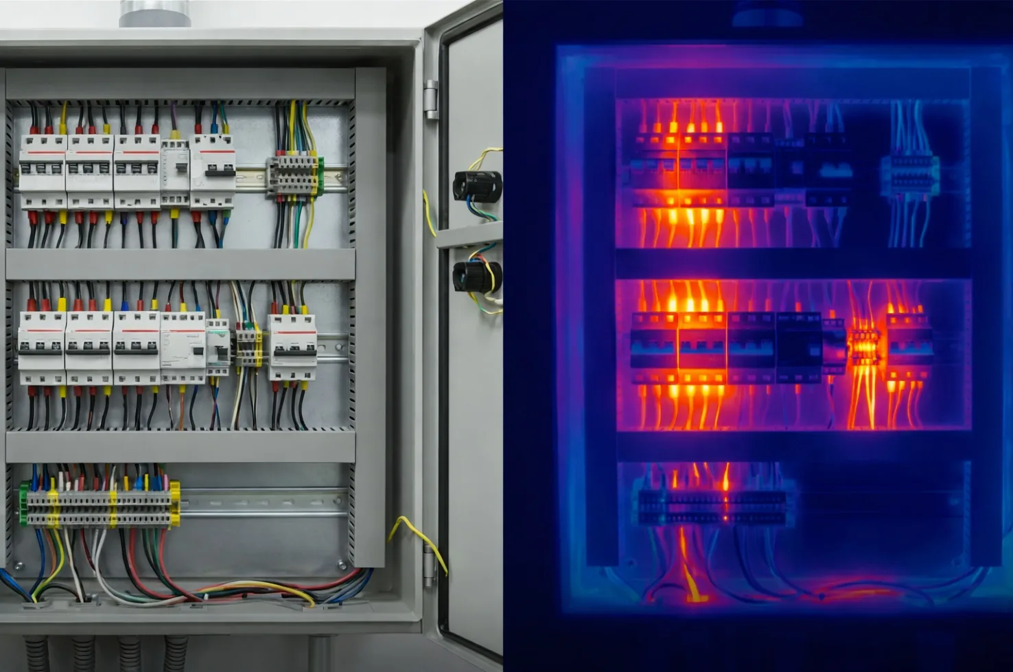 Vergleichsaufnahme eines Schaltschranks: links normale Ansicht, rechts Thermografie mit sichtbaren Hotspots