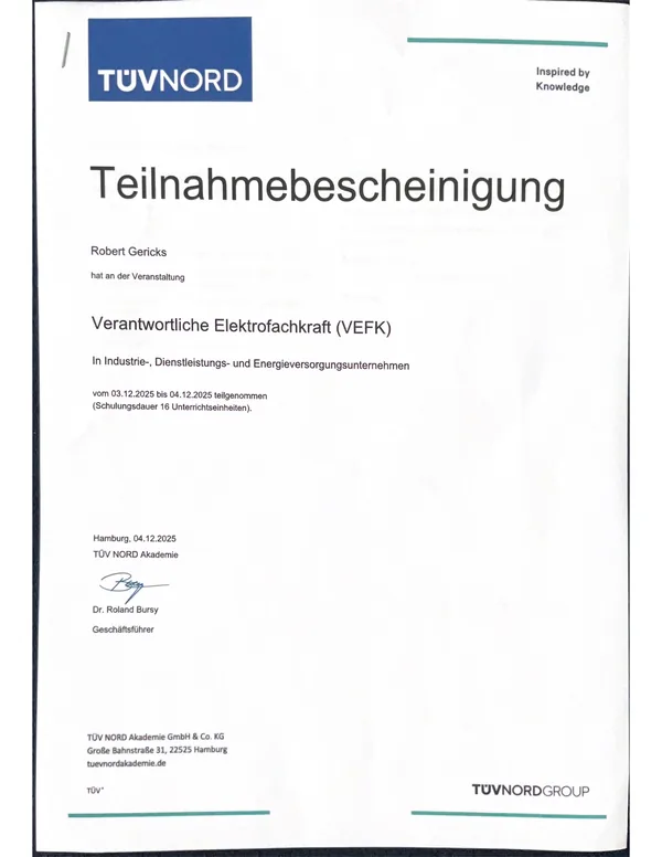Teilnahmebescheinigung TÜV NORD: Verantwortliche Elektrofachkraft (VEFK)