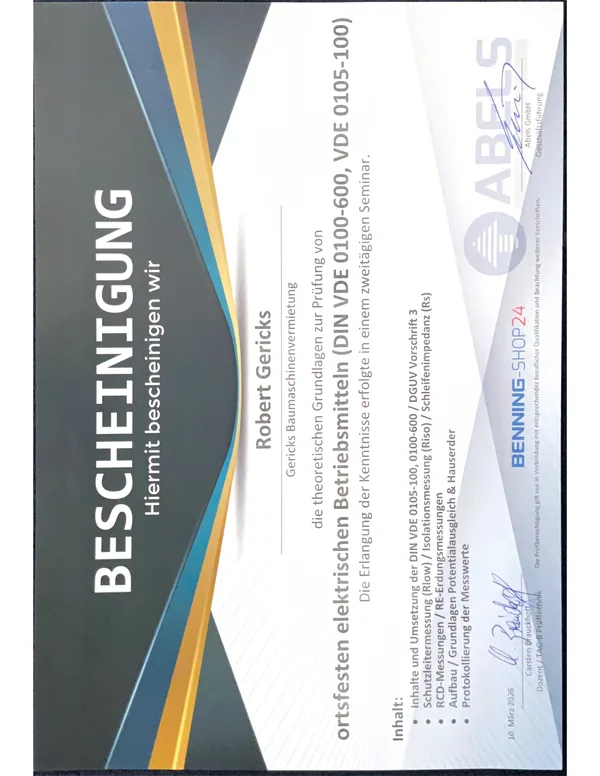 Bescheinigung Abels/Benning: Prüfung ortsfester elektrischer Betriebsmittel nach DIN VDE 0100-600 und VDE 0105-100