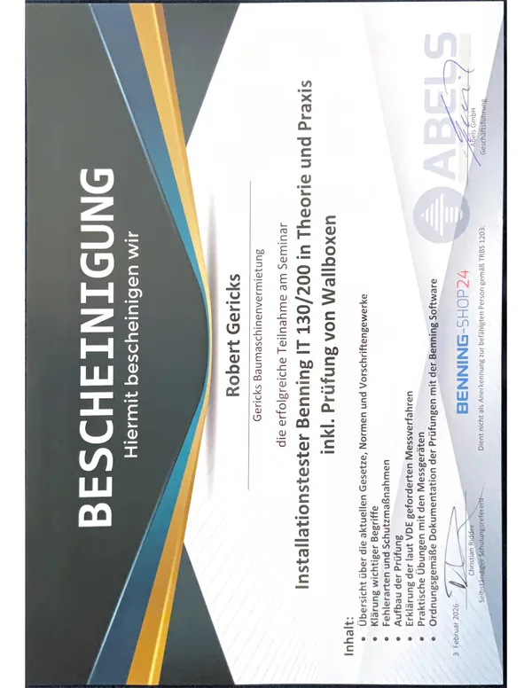 Bescheinigung Abels/Benning: Installationstester Benning IT 130/200 inkl. Prüfung von Wallboxen