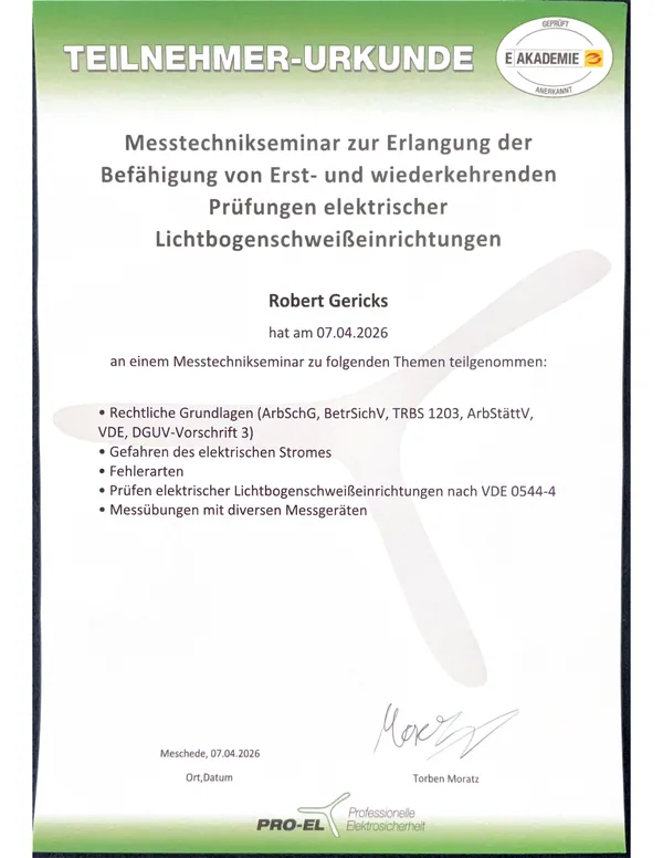 Teilnehmer-Urkunde PRO-EL E-Akademie: Prüfung elektrischer Lichtbogenschweißeinrichtungen nach VDE 0544-4