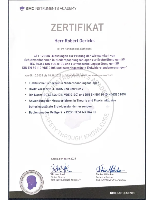 Zertifikat GMC Instruments Academy: Messungen in Niederspannungsanlagen nach IEC 60364, DIN VDE 0100, DIN VDE 0105 und DIN EN 50110